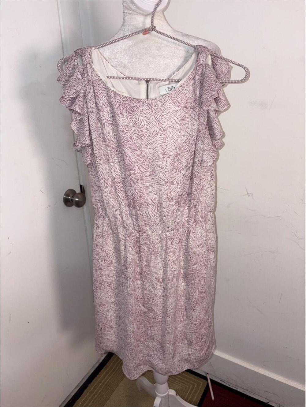 Ann Taylor Loft Women's Size 0 Dress Ivory Purple Ruffle Sleeve Polka Dot